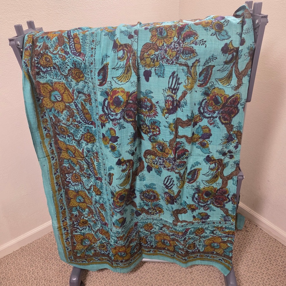 Large Teal Floral Bird Print Bohemian Bedspread Throw Tapestry 86x104